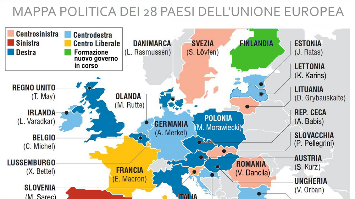 Europee 2019 - La mappa politica dei governi in Ue - RIPRODUZIONE RISERVATA