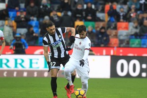 Italy serie A soccer match  Udinese vs Milan - Udinese's Giuseppe Pezzella  (L) and  Milans Suso(R) in action during the Italian Serie A soccer match Udinese vs Milan at Friuli Stadium in Udine, Italy, 4 february 2018. (ANSA)