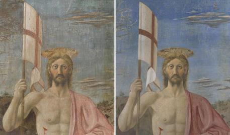 Nella combo iI Cristo prima e dopo il restauro de 'La Resurrezione' di Piero della Francesca a cura  dell'Opificio delle Pietre Dure di Firenze © ANSA