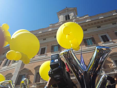 Palloncini gialli e bottiglie di champagne: cos il M5s festeggia in piazza di Montecitorio, davanti al Parlamento, l'abolizione dei vitalizi © ANSA