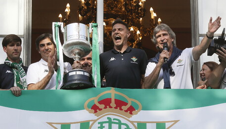 Real Betis celebrate with their supporters after winning the Spain's King Cup