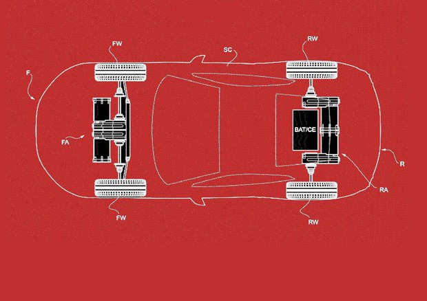 Ferrari progetta per una GT elettrica schema con 4 motori © Ufficio Europeo Brevetti