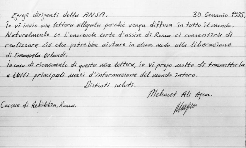 Lettera inviata all 'Ansa da Mehmet Ali Agca con appello ai rapitori per la liberazione di Emanuela Orlandi - RIPRODUZIONE RISERVATA
