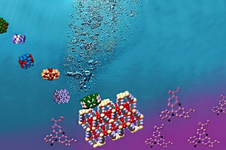 Rappresentazione grafica della doppia azione del materiale che pulisce l 'acqua e la scinde nei suoi componenti, producendo idrogeno (fonte: Alina-Stavroula Kampouri/EPFL) - RIPRODUZIONE RISERVATA