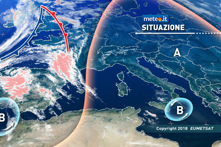 La situazione meteorologica del 22 aprile nelle immagini da satellite (fonte: EUMETSAT; meteo.it, Epson Meteo) - RIPRODUZIONE RISERVATA
