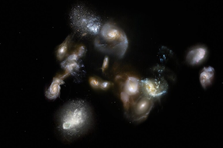 Rappresentazione artistica del più grande oggetto cosmico mai osservato, chiamato SPT2349-56 e nato dalla collisione di antiche galassie (fonte: ESO/M. Kornmesser) - RIPRODUZIONE RISERVATA