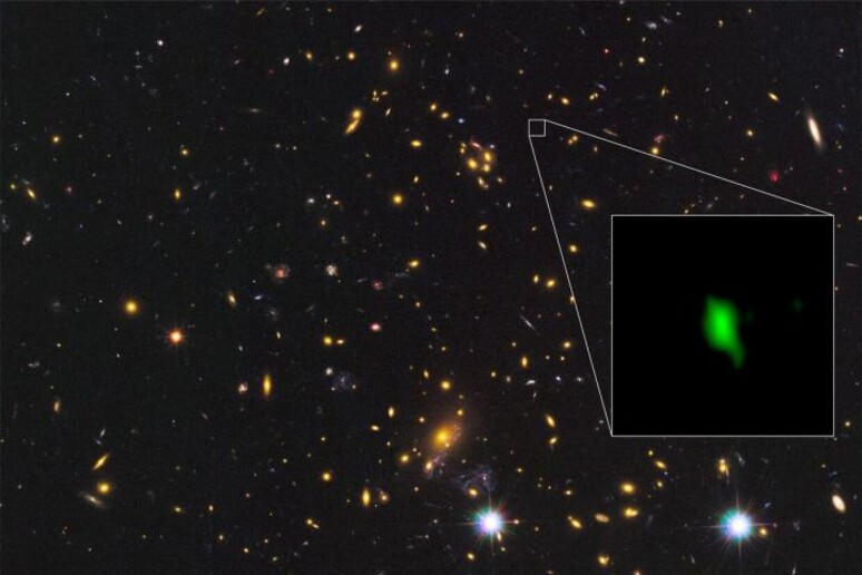La galassia MACS1149-JD1, dove è stato individuato il più antico ossigeno dell 'universo (fonte: ALMA (ESO/NAOJ/NRAO), NASA/ESA Hubble Space Telescope, W. Zheng (JHU), M. Postman (STScI), the CLASH Team, Hashimoto et al.) - RIPRODUZIONE RISERVATA