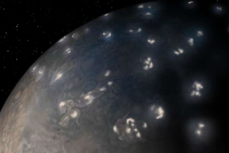 Rappresentazione artistica della distribuzione dei fulmini nell 'emisfero settentrionale di Giove (fonte: NASA/JPL-Caltech/SwRI/JunoCam) - RIPRODUZIONE RISERVATA