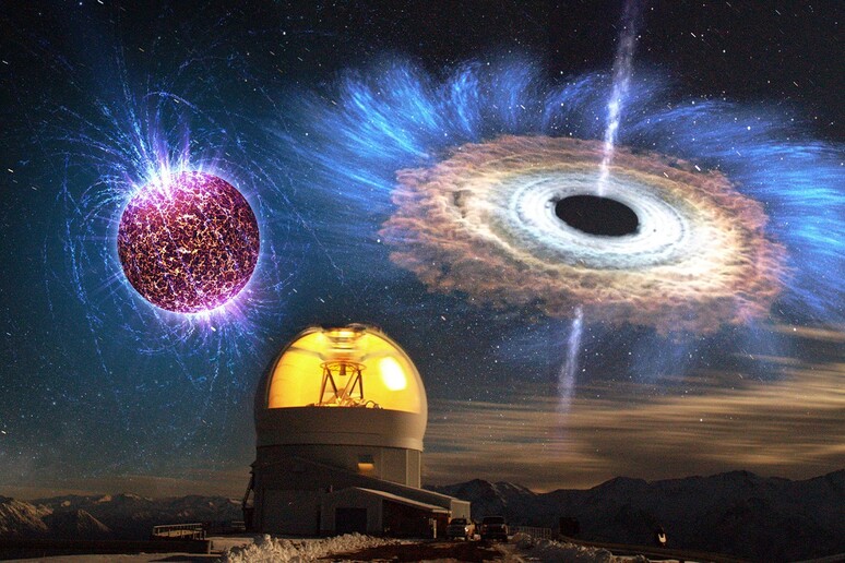 Rappresentazione artistica della nascita di un buco nero o di una stella di neutron (fonte: D. Maturana &amp; NOAO/AURA/NSF; Overlay (top left): NASA/Penn State University/Casey Reed; (top right): NASA Goddard Space Flight Center) - RIPRODUZIONE RISERVATA