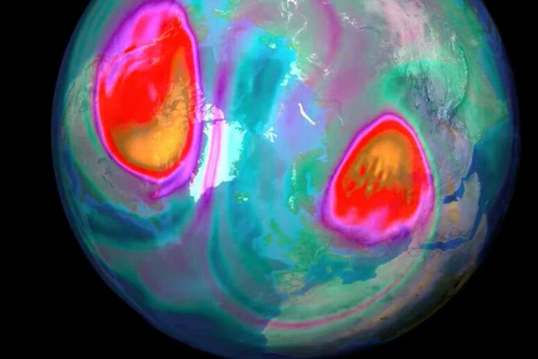 Immagine in falsi colori del riscaldamento della stratosfera sull 'Artico, responsabile del vortice polare (fonte: Daniela Domeisen &amp; Alexander Wollert, ETH Zürich) - RIPRODUZIONE RISERVATA