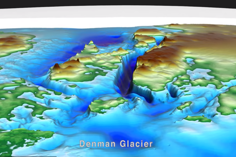 Rappresentazione grafica del canyon più profondo della Tera, sotto il ghiacciaio Denman, in Antartide (fonte: BedMachine Antarctica) - RIPRODUZIONE RISERVATA