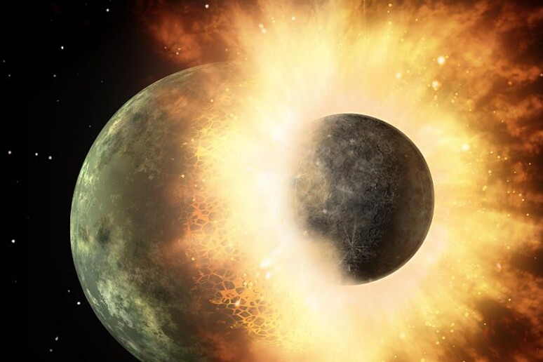 Rappresentazione artistica dell 'impatto di un piccolo pianeta con la Terra, nell 'evento catastrofico dal quale è nata la LUna (fonte: NASA/JPL-Caltech) - RIPRODUZIONE RISERVATA