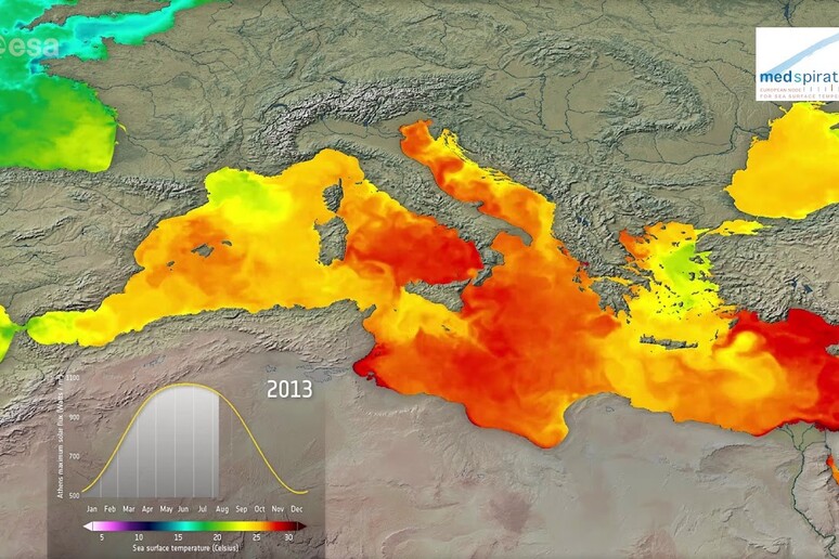 Dati relativi alle temperature di superficie nell’area del Mediterraneo raccolti dal satellite Sentinel 3 (fonte: Esa) - RIPRODUZIONE RISERVATA