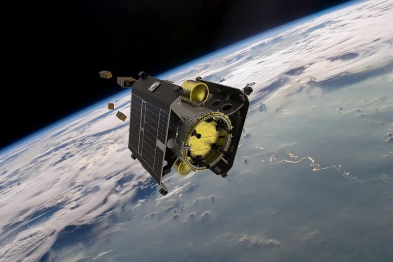Rappresentazione artistica della piattaforma Ion dell 'azienda D-Orbit 's, mentre rilascia dei satelliti (fonte: D-Orbit) - RIPRODUZIONE RISERVATA