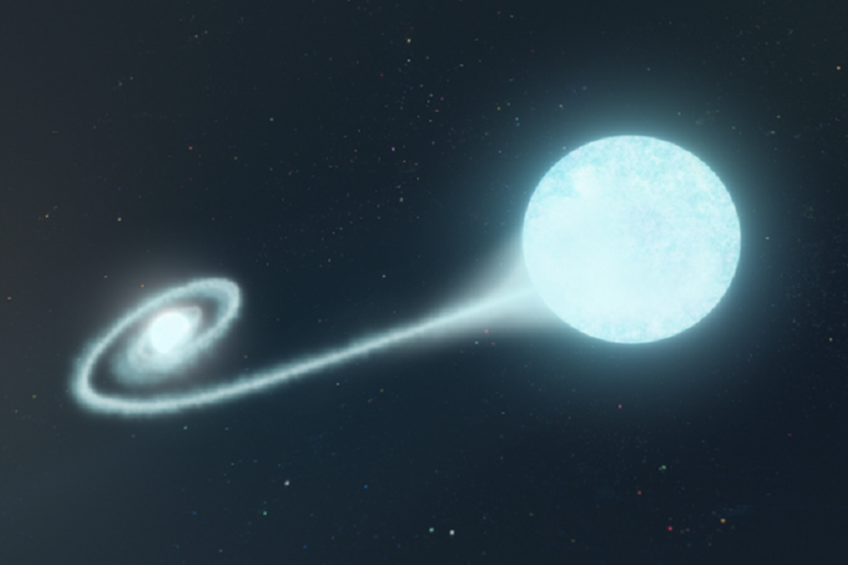 Rappresentazione artistica di una stella che ruota intorno a una compagna, perdenfo materia prima di esplodere (fonte: Adam Makarenko/W. M. Keck Observatory) - RIPRODUZIONE RISERVATA
