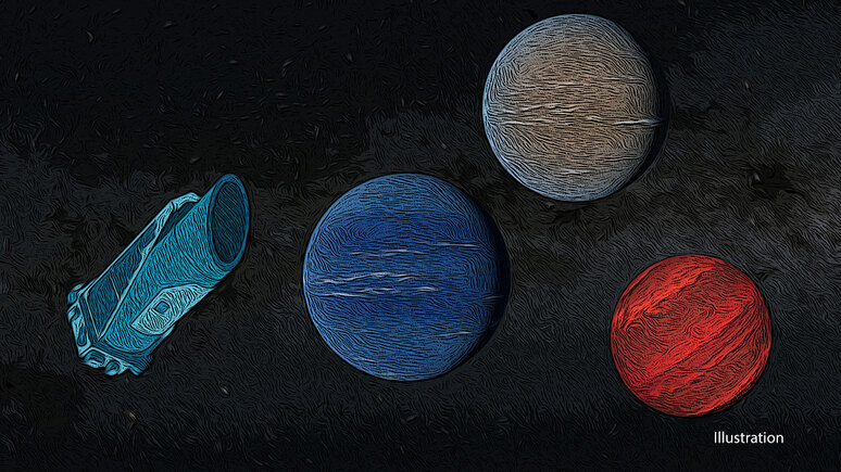 Rappresentazione artistica del telescopio spaziale Kepler della Nasa e dei tre esopianeti scoperti nei suoi ultimi giorni di attività (fonte: NASA/JPL-Caltech (K. Walbolt)) - RIPRODUZIONE RISERVATA