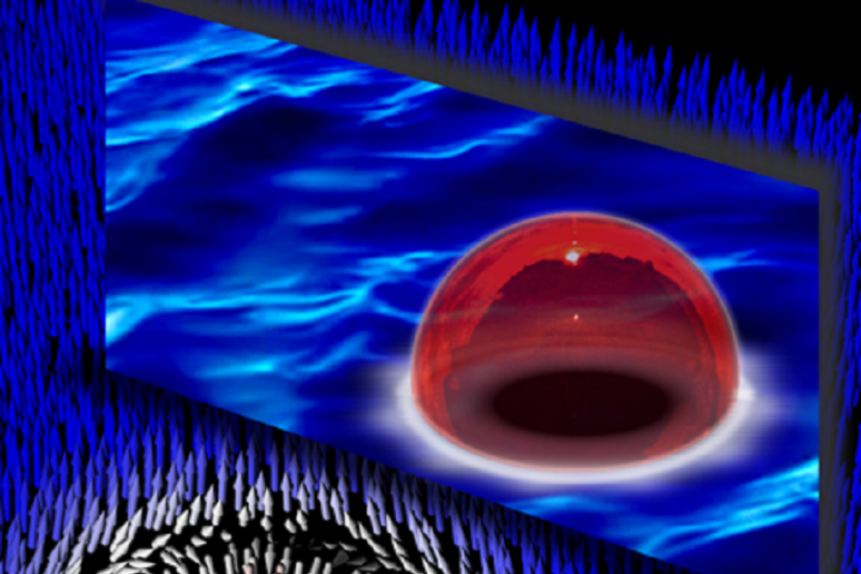 La nascita della bolla avviene quando gli atomi ultrafreddi, come piccoli magneti preparati nello stato iniziale più energetico blu (falso vuoto), decadono nello stato rosso (vero vuoto) (fonte: Alessandro Zenesini, Giacomo Lamporesi) -     RIPRODUZIONE RISERVATA