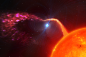Rappresentazione artistica della stella LAMOST J024048.51+195226.9, dalla rotazione più veloce mai vista in una nana bianca (fonte: University of Warwick/Mark Garlick) (ANSA)