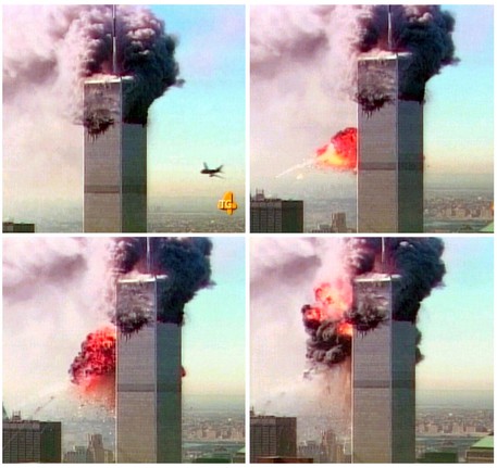 Una sequenza di  immagini tratte dal Tg4 che mostrano l'impatto di un secondo velivolo contro una delle due torri del  World Trade Center © ANSA