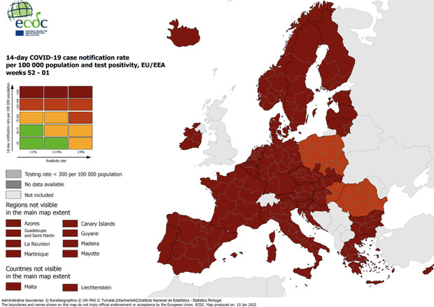 La mappa del centro europeo per il controllo delle malattie (Ecdc) (foto: ANSA)