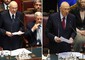 Nella combo Giorgio Napolitano, durante il suo discorso alla Camera il 15 maggio 2006, a sinistra, ed il 22 aprile 2013 © Ansa