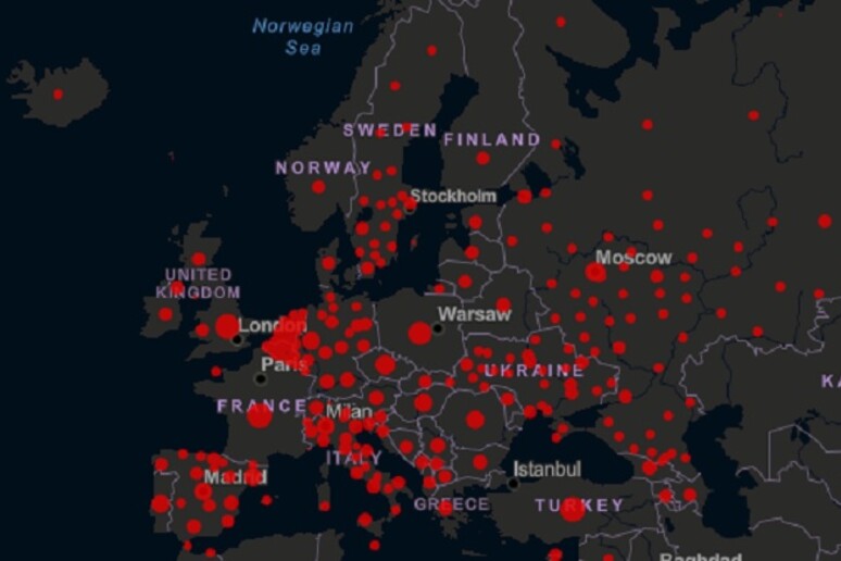 La situazione della pandemia di Covid-19 in Europa sulla base dei dati della Johns Hopkins University (fonte: CSSE/JHU) - RIPRODUZIONE RISERVATA