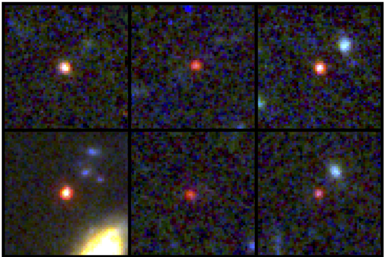 Le immagini delle 6 galassie com 'erano 500-700 mln di anni dopo il Big Bang (fonte: NASA, ESA, CSA, I. Labbe (Swinburne University of Technology). Image processing: G. Brammer (Niels Bohr Institute’s Cosmic Dawn Center at the University of Copenhagen)) - RIPRODUZIONE RISERVATA